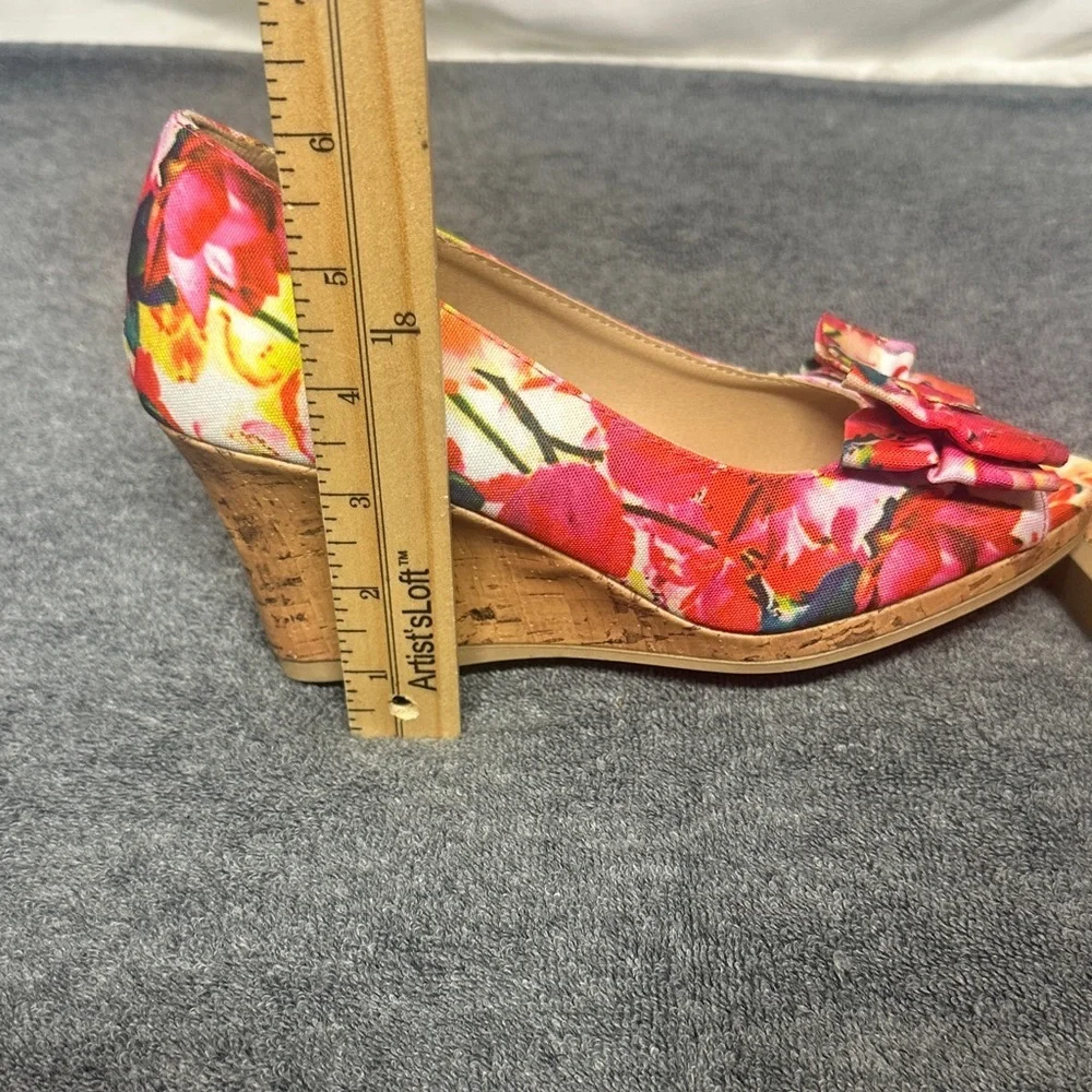 Dexflex Comfort Shoes Womens 6.5 Floral Wedge Bowtie Heels Colorful Peep Toe